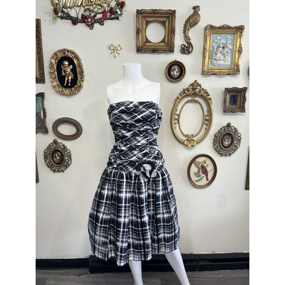 Rimini Vintage 80s Black White Plaid Strapless Ruched Party Dress 4